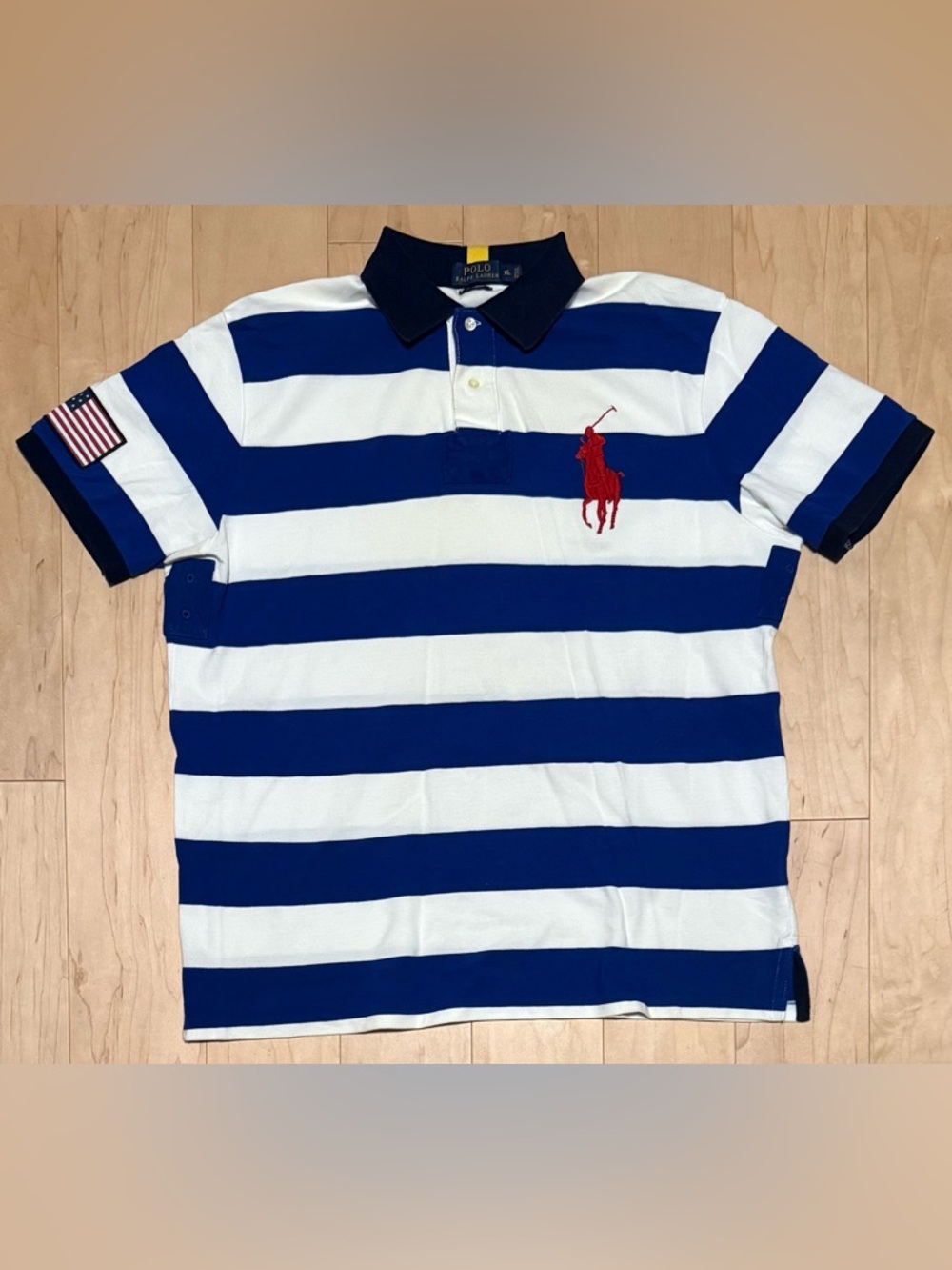 Polo Ralph Lauren Big Pony American Flag Patch Rugby Polo Blue Striped Custom XL
